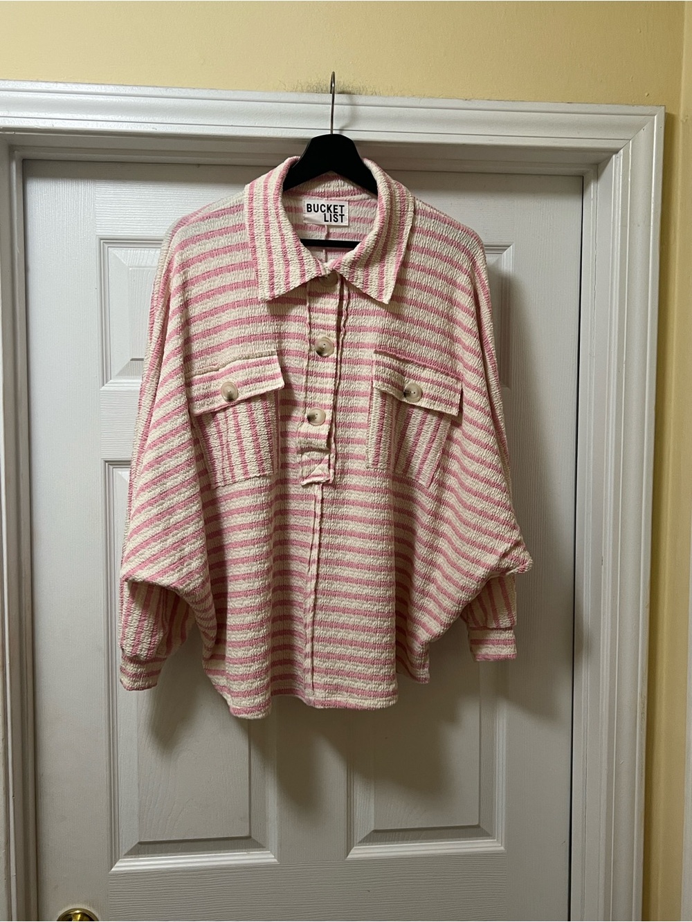 BUCKETLIST Pink & Cream Striped Button-Up Pullover Shacket